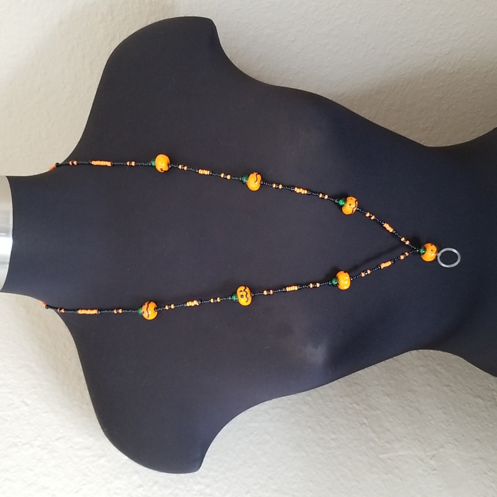 Boojee Halloween Pumpkin Glass Acrylic Bead Necklace Lanyard
